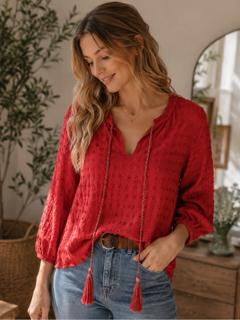 Lavender Brown Red Cedric Eyelet Stitch Fix Tassel 3/4 Sleeve Blouse Top Sz S - Picture 1 of 17